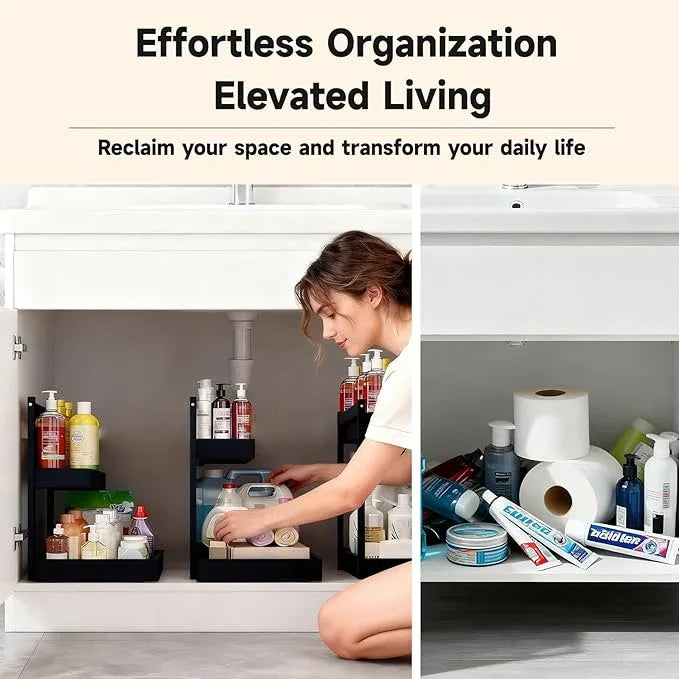 Bamboo Undersink Organizer Storage - 2-Tier Cabinet Shelf with Adjustable Levels, Under Sink Storage Slide Out for Cabinet Pantry Kitchen Bathroom (Black) - ModernBath