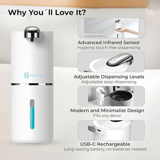 Heione Automatic Touchless Liquid Soap Dispenser, White, 12.8 oz, USB-C Rechargeable, IPX5 Waterproof for Bathroom, Shower & Kitchen (Shampoo/Gel/Dish Soap), Wall Mount or Countertop (White (Liquid)) - ModernBath