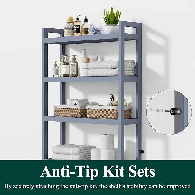 Smiry Over The Toilet Storage Cabinet, 4-Tier Bamboo Bathroom Organizers with Adjustable Shelf & 4 Hooks, Space Saving Shelf Rack for Bathrooms, Laundry Room, Balcony, Grey - ModernBath