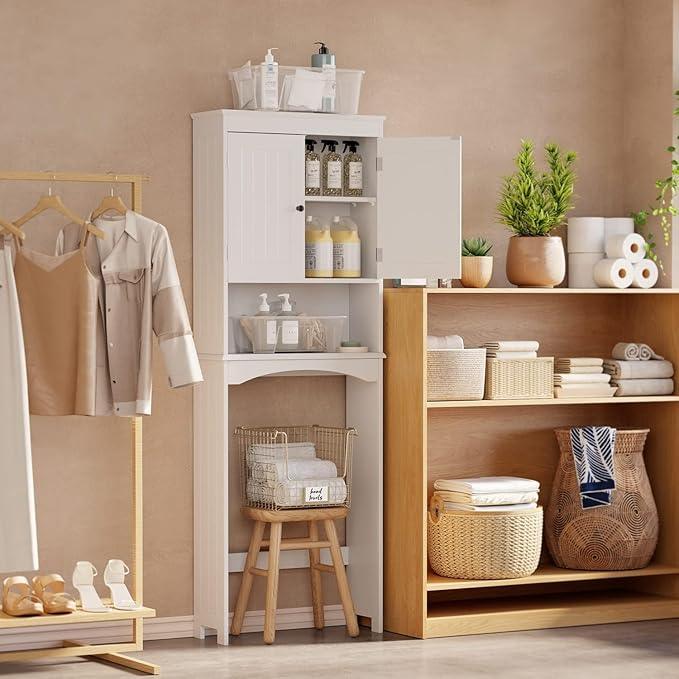 Gizoon Over The Toilet Storage Cabinet with Adjustable Shelf and Double Doors, Bathroom Space Saver Organizer Above Toilet with Open Shelf, Taller Wooden Free Standing Toilet Rack -White - ModernBath