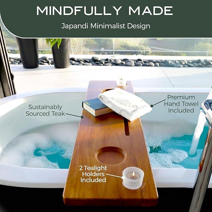 Grand Fjord | Teak Bathtub Tray for Large Soaking Tub | Extra Long 35” Luxury Bath Caddy for Freestanding Tubs | Minimalist Wooden Tub Tray with Candle Holders & Premium Towel by JapandiSpirit - ModernBath