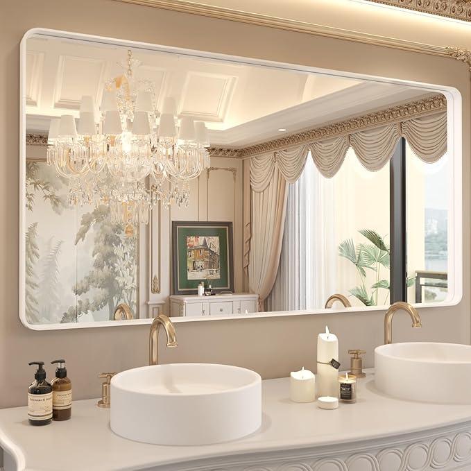 WEER White Bathroom Mirror 72X36 Inch, Rounded Rectangle White Metal Frame Mirror, Matte White Bathroom Vanity Mirror with Tempered Glass, Anti-Rust, Hangs Horizontally or Vertically - ModernBath
