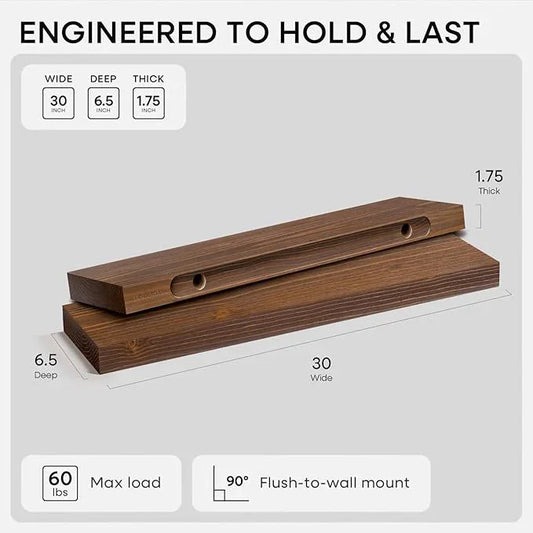 Homeforia Classic Walnut 30 inch Floating Shelf, High End Solid Real Wood Small 30inch Floating Shelves for Wall Mounted, 30in Floating Shelves, Heavy Duty Bracket, 30 X 6.5 X 1.75 inches, Set of 2 - ModernBath