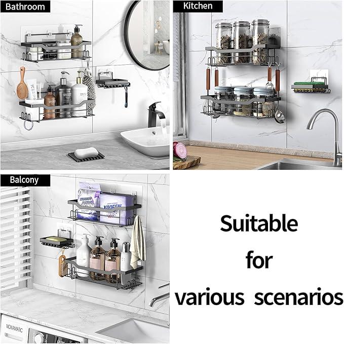 BATHDESIGN Shower Caddy Shelves Organizer, 3 Pack with Soap Holder, No Drilling Wall Mounted Self Adhesive Shelves, Matte Black - ModernBath