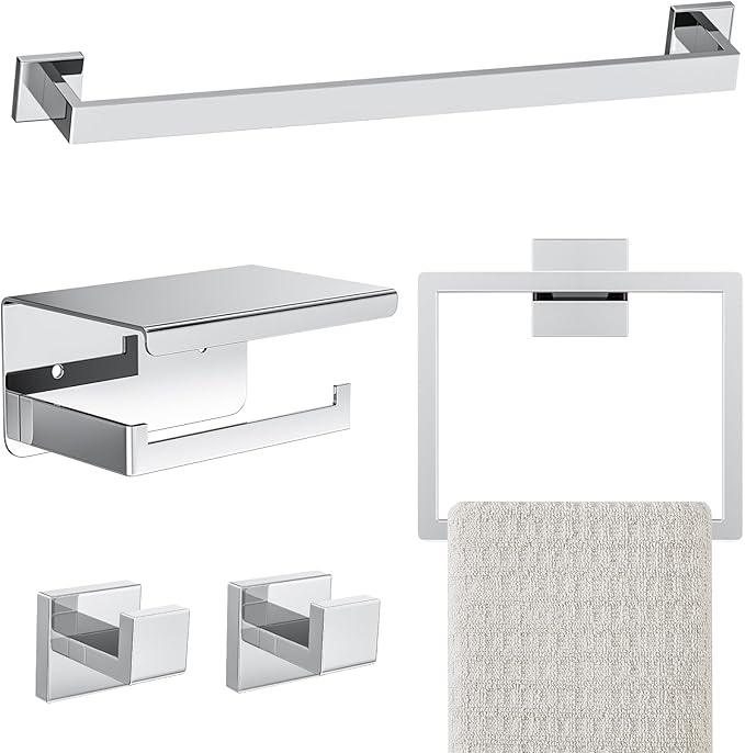5-Pieces Polished Chrome Bathroom Hardware Accessories Set,16 Inch Towel Bar Set,Stainless Steel Towel Holder Set for Bathroom,Wall Mounted Chrome Bathroom Hardwar Set - ModernBath