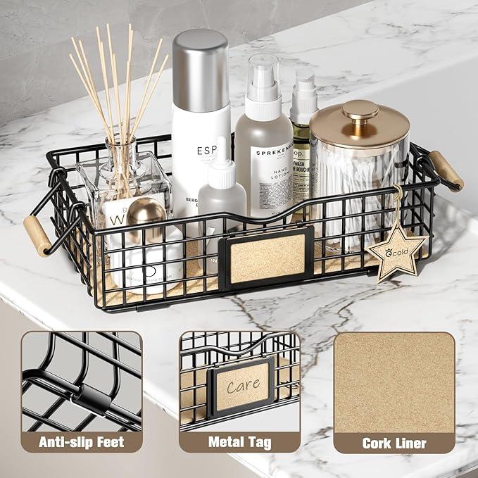 Bathroom Tray and Organizer Basket, 4 Pack Storage Baskets with Wooden Handles, Multipurpose for Bathroom, Coffee Bar, Kitchen cabinet, Living Room - Black - ModernBath