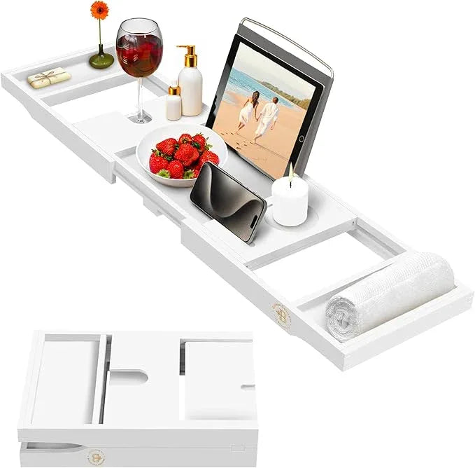 Wooden Bathtub Tray - Foldable & Expandable Bamboo Bath Tray for Tub with Wine Holder, Book & Tablet Stand - Bath Caddy Tray for Bathtub, Spa Bath Accessories, Tub Tray Table, Gifts for Her (White) - ModernBath