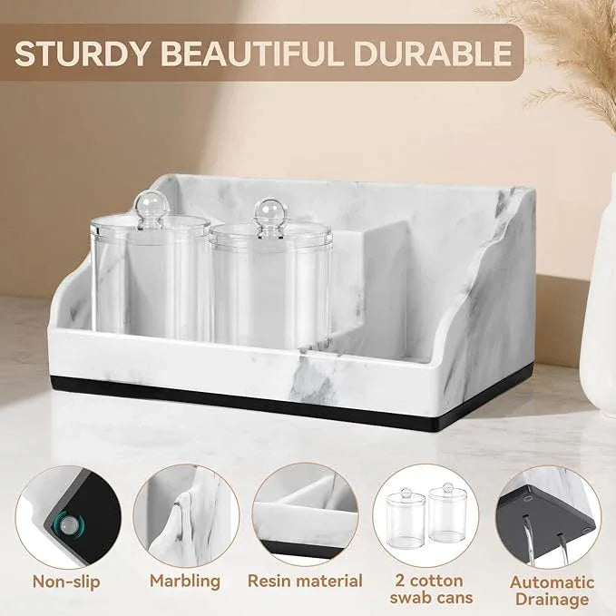 TuCao Marble Bathroom Countertop Organizer, Toothbrush Holders for Bathroom with 2PCS Qtip Holder Dispenser and Toothpaste Holder Drainage for Bathroom Accessories Organization Counter Vanity Storage - ModernBath