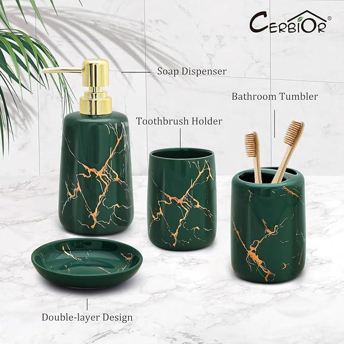 CERBIOR Bathroom Accessories Set,4 Pcs Ceramic Bathroom Decor Accessory,Includes Toothbrush Holder, Toothbrush Cup, Soap Dish for Decorative Countertop and Housewarming Gift(Green 4pcs) - ModernBath