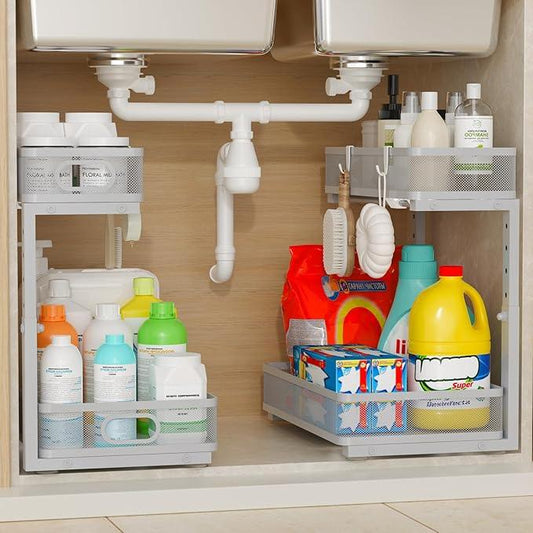 Under Sink Organizer 2 Pack, 2-Tier Slide Out Cabinet Organizer with Metal Sliding Drawer and Hooks, Pull Out Storage Baskets for Kitchen Bathroom Pantry Cabinet Organization (grey) - ModernBath