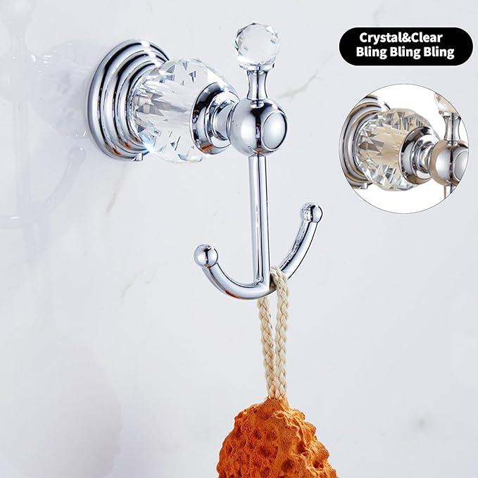 Crystal Silver Towel Hook, Chrome Bathroom Robe Hook, Coat Rack Hanger Heavy Sturdy Double Towel Hooks Bath Farmhouse Clothes Hook Wall Mounted Modern for Bathroom Kitchen Washroom - ModernBath