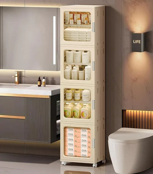 4-Tier Tall Narrow Bathroom Storage Cabinet with Doors and Adjustable Shelves Slim Foldable Cabinets with Wheels Small Spaces Plastic Organizers for Kitchen Laundry Room Bedroom Pantry,Beige - ModernBath