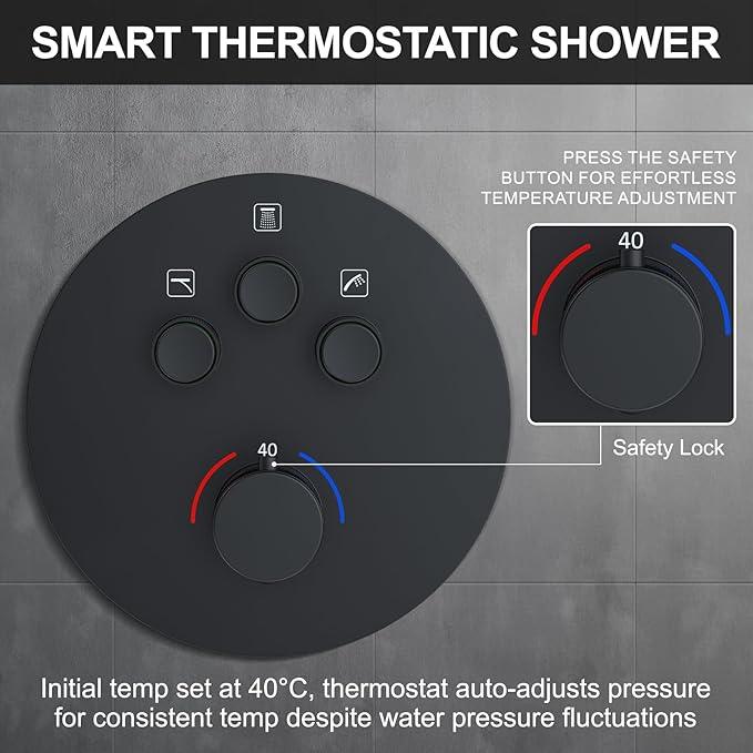 KOJOX Matte Black Thermostatic Shower System, Push Button Diverter Shower Faucet Set with 12" Ceiling Mount Rain Shower, 8" Wall Mount Shower Head, and 3-in-1 Handheld Spray - ModernBath