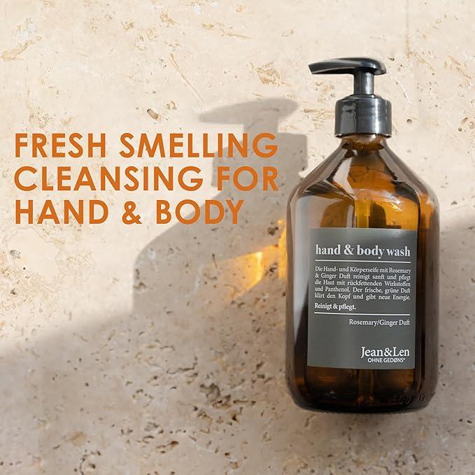 Jean & Len Hand & Body Wash Liquid, Spicy fresh scent Rosemary & Ginger, Hand and Body refillable Liquid, 100% vegan, without silicones, parabens and microplastics 16.9 Fl. Oz. - ModernBath