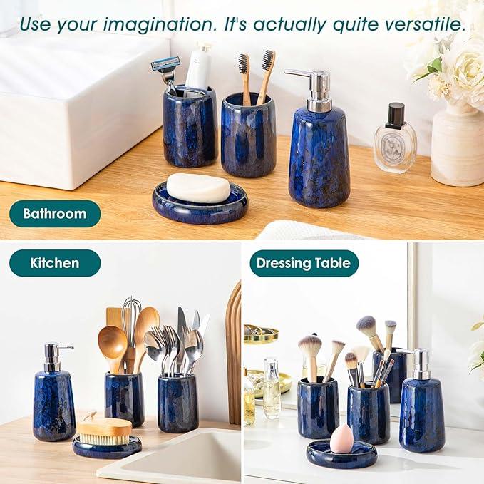 vancasso Blue Bathroom Accessories Set, Ceramic Soap Dispenser and Toothbrush Holder Sets, Stoneware 4 Pcs Bathroom Sink Set for Modern Home Decor, Series Starry - ModernBath