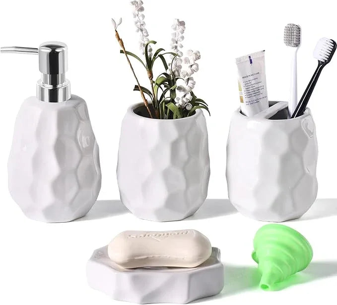 Ceramic Bathroom Accessories Set 4 PCS,Bathroom Toothbrush Holder Set,Soap and Toothbrush Holder Set,Include Toothbrush Holder,Soap Dispenser,Tumbler,Soap Dish,Bathroom Sets Decor Organizer (White) - ModernBath