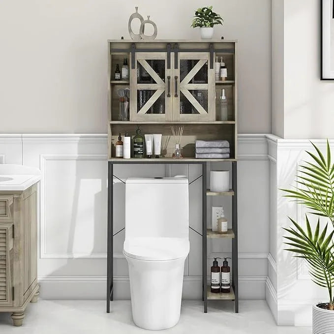 Vabches Over The Toilet Storage Cabinet, Farmhouse Storage Cabinet Over Toilet with Sliding Barn Door，Home Space-Saving Toilet Rack, for Bathroom, Restroom, Laundry(Grey). - ModernBath