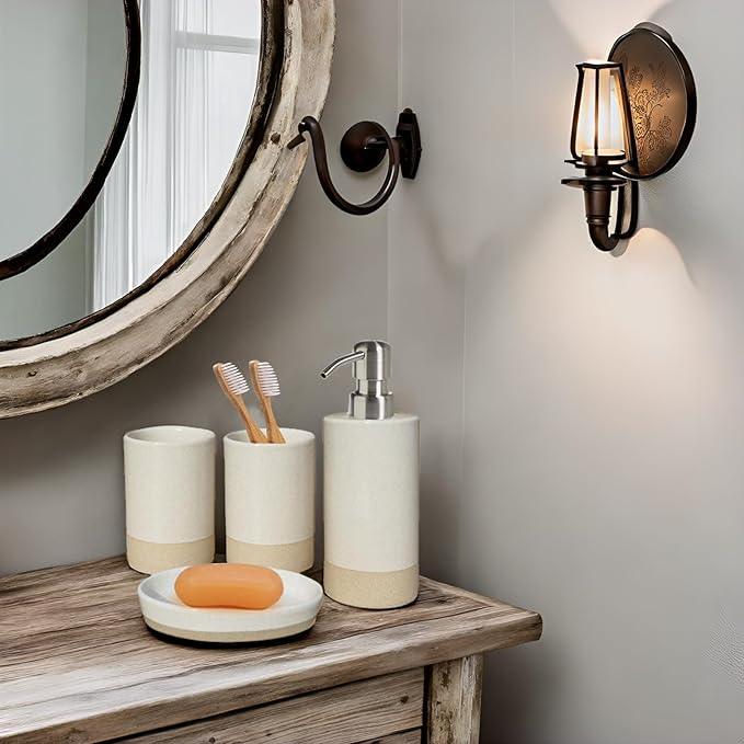 CAAS Bathroom Accessories Set 4, Beige Soap Dispenser for Bathroom, Toothbrush Holder,Tumbler Cup and Soap Dish, New Apartment Essentials, Modern Beige Bathroom Décor (Rustic) - ModernBath