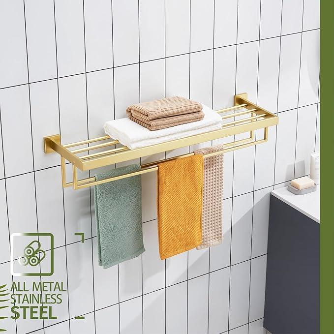 KOKOSIRI 32'' Towel Shelf Holder Bathroom Towel Rack with Two Bath Towel Bars Rails SUS304 Stainless Steel Wall Mount, Brushed Gold B6003BG-L32 - ModernBath