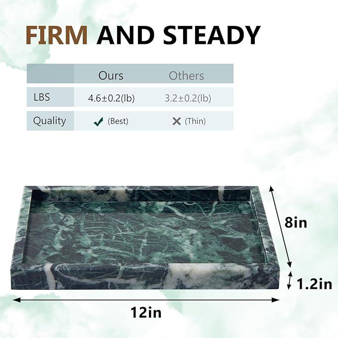 Zilukar Real Natural Marble Tray for Bathroom, Vanity, Kitchen and Desktop, Rectangle Genuine Marble Stone Tray for Jewelry, Cosmetics, Candles, Lotion, Perfume (Snowflake-Green, 12" x 8" x 1.2") - ModernBath