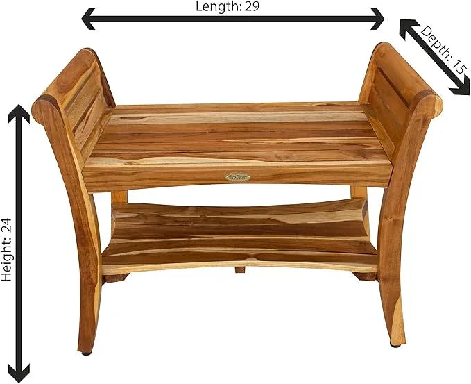 EcoDecors Symmetry 30 Inch Natural Color Waterproof Teak Wood Shower Bench Stool Seat Chair for Inside Shower Provides Safety, Storage, and Organization for Bathroom Accessories - ModernBath