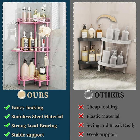 Consumest Corner Shower Caddy Standing - 3-Tier Stainless Steel Shower Organizer with Soap Holder and 4 Hooks, Large Capacity Corner Shelf Stand for Bathroom, Rest Room, Pink - ModernBath