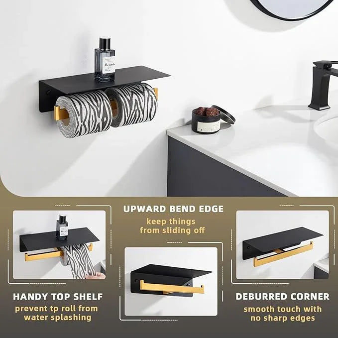 Angle Simple Double Toilet Paper Holder with Shelf, 304 Stainless Steel Bathroom Toilet Tissue Roll Holder for Wall Black and Gold - ModernBath