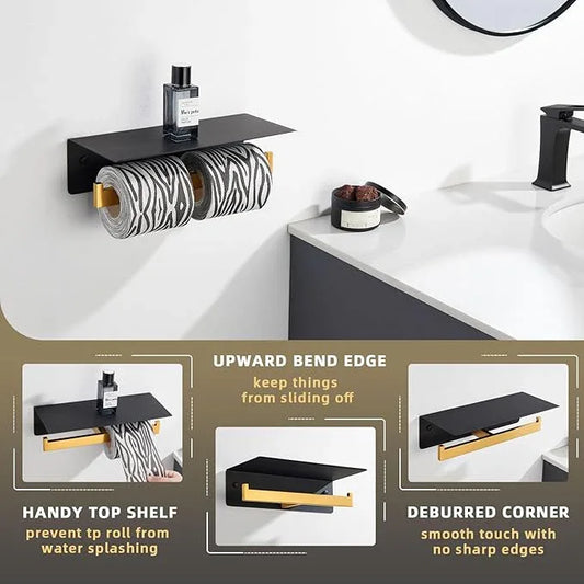 Angle Simple Double Toilet Paper Holder with Shelf, 304 Stainless Steel Bathroom Toilet Tissue Roll Holder for Wall Black and Gold - ModernBath