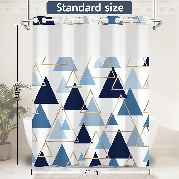 NAEMBCU No Hook Geometric Shower Curtain with Snap-in Liner, Blue and Gold Triangle Bath Curtain with See Through Top, Waterproof Double Layer for Bathroom Decor, 71 x 74 Inch - ModernBath