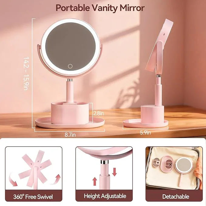 Shinowa Makeup Mirror with Lights, 1X/20X Lighted Magnifying Mirror with Storage for Makeup & Jewelry, 2-Sided Height Adjustable Vanity Mirror with 3 Color Lights, 360° Rotation & Rechargeable, Pink - ModernBath
