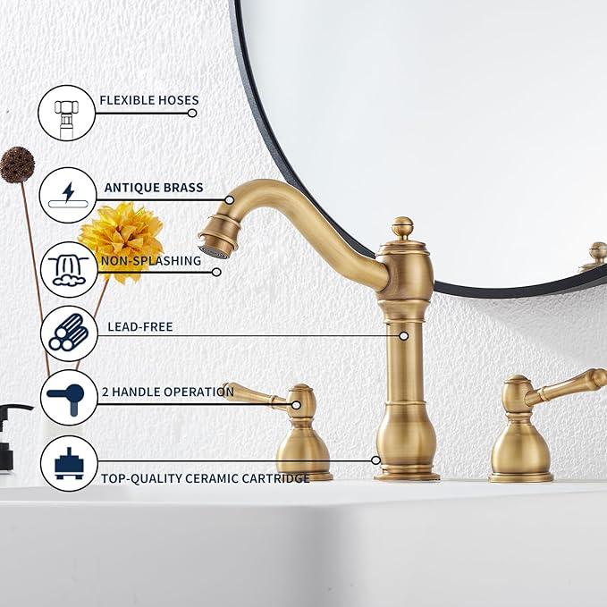 GGStudy 2 Handles 3 Holes Faucet Widespread Bathroom Sink Faucet Basin Tap Mixer Supply Hose Included Matching Pop Up Drain Antique Brass - ModernBath