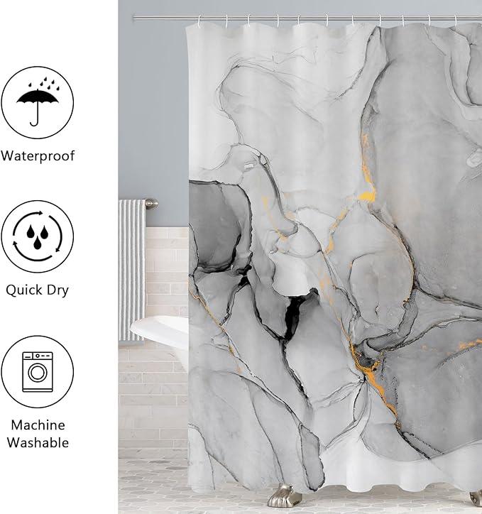 Gibelle 4 Pcs Bathroom Shower Curtain Set with Non-Slip Rugs, Toilet Lid Cover and Bath Mat, Grey Marble Bathroom Decor Set with Shower Curtain and Rugs and Accessories - ModernBath