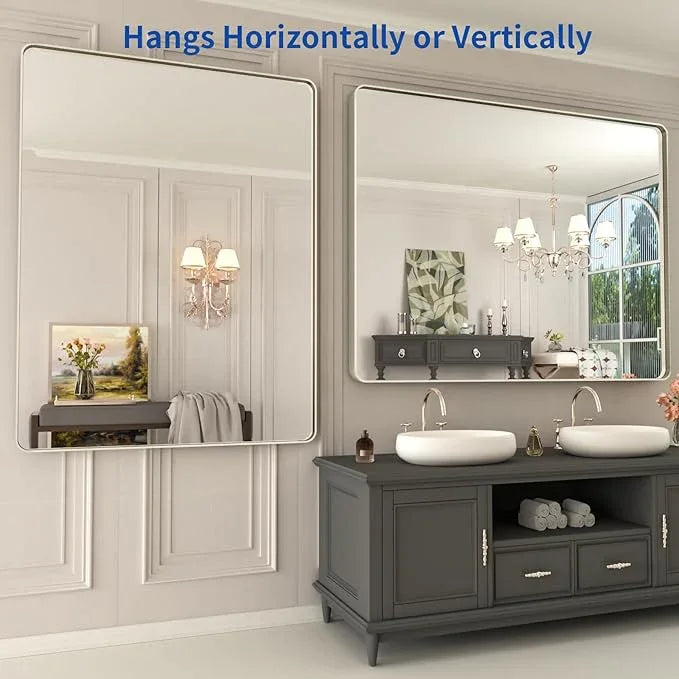 WEER 48X36 Inch Brushed Nickel Bathroom Mirror, Brushed Silver Metal Frame Mirror, Rounded Rectangle Silver Bathroom Vanity Mirror, Tempered Glass, Anti-Rust, Hangs Horizontally or Vertically - ModernBath
