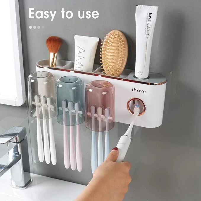 iHave Toothbrush Holders Bathroom Accessories with Toothpaste Dispenser, 3 Cups Toothbrush Holder Wall Mounted Bathroom Decor - ModernBath