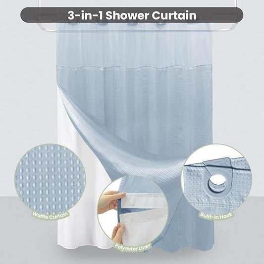 Inhousolu Extra Long No Hook Shower Curtain with Snap in Fabric Liner Set Waffle Weave 230GSM Weighted Hem, Waterproof & Washable Bathroom Curtain Spa Luxury with Mesh Top Window 72"W x 84"L Fog Blue - ModernBath