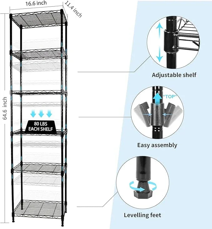 6-Tier Wire Shelving Adjustable Shelves Unit Metal Storage Rack for Laundry Bathroom Kitchen Pantry Closet Organization (Black, 16.6" L x 11.4" W x 64.6" H) - ModernBath