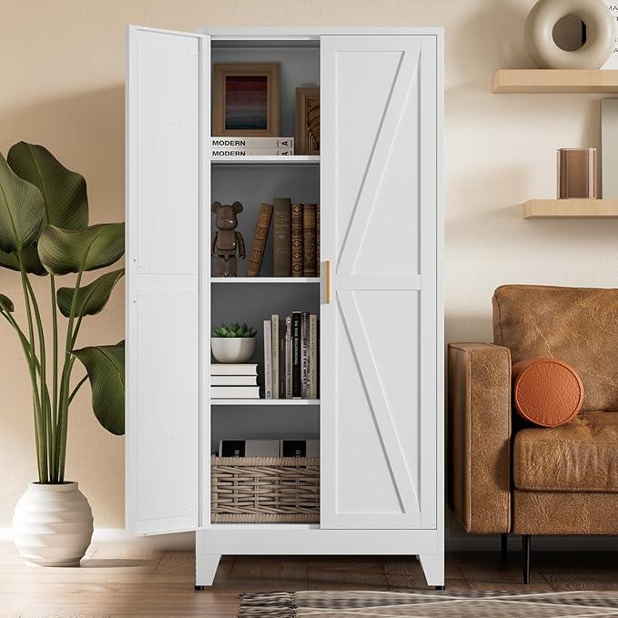 COFaR White Farmhouse Storage Kitchen Pantry Cabinet with 2 Barn Door, 3 Adjustable Shelves and Legs, for Cupboard/Dining Room/Bathroom/Living Room/Office/Laundry Room (White, 61" Farmhouse) - ModernBath