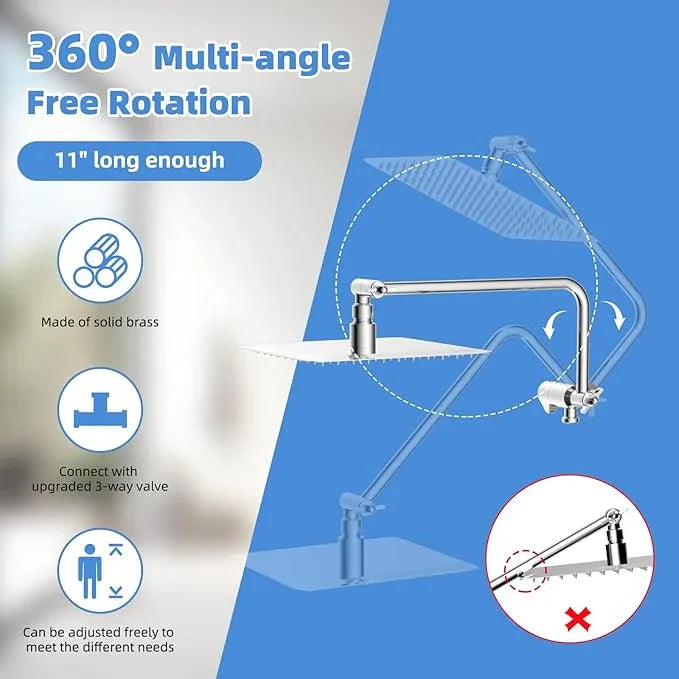 All Metal Shower Head, 8" High Pressure Rainfall/Handheld Shower Combo with 11" Extension Arm, 10-Spray Handheld Showerhead, 71" Long Hose, 3-Way Diverter Valve, Chrome - ModernBath