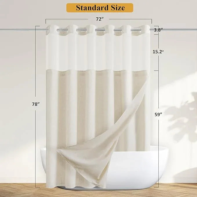 Jowels No Hooks Needed Linen Shower Curtain and Liner Set, Hotel Luxury Decor Shower Curtains for Bathroom with See Through Top Window,Water Resistant Fabric,72Wx78L,Natural Linen - ModernBath