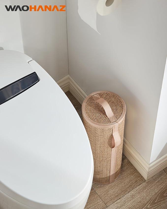 Bamboo Toilet Paper Storage Basket with Lid & Handle - 10L Handwoven Bathroom Organizer for 4 Rolls - Sturdy Stand Holder for Toilet Paper Organization, Carbon Brown - ModernBath