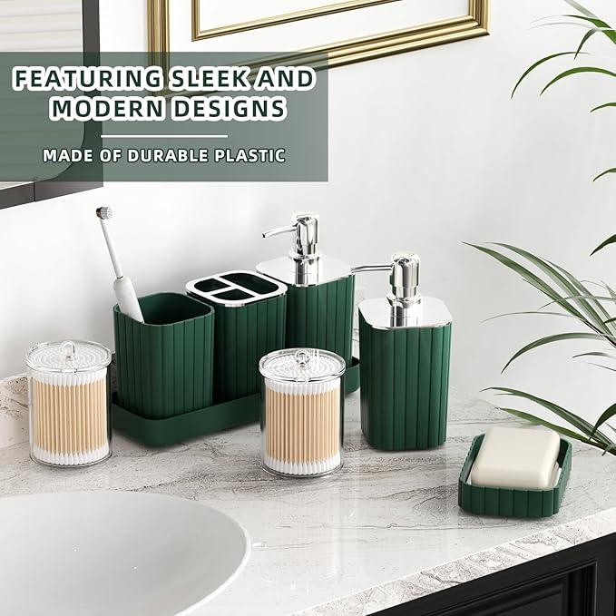 XLHOMO Bathroom Set- 25PC Green Bathroom Sets, Bathroom Set with Shower Curtain and Rugs, Dark Green Shower Curtain Set, Bathroom Accessories Set, Bathroom Trash Can - ModernBath