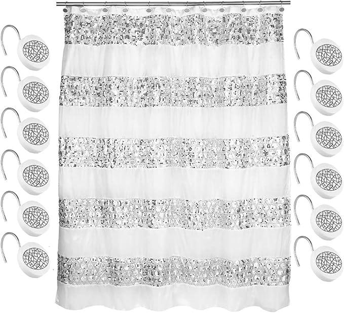 Zahari Home Sinatra Bathroom Shower Curtain Set - 13pc Classic White Shower Curtain & Hooks - Unique Design - ModernBath