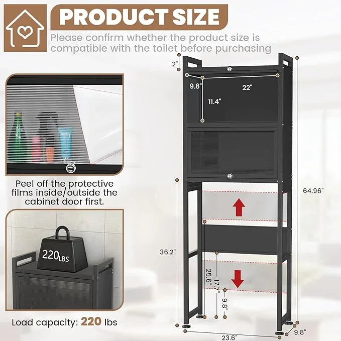 ZZL Over The Toilet Storage Cabinet,3-Tier,Bathroom Toilet Organizer,Waterproof, Cabinet Door Design,Freestanding Space Saver with 4 Hooks for Bathroom,Black - ModernBath