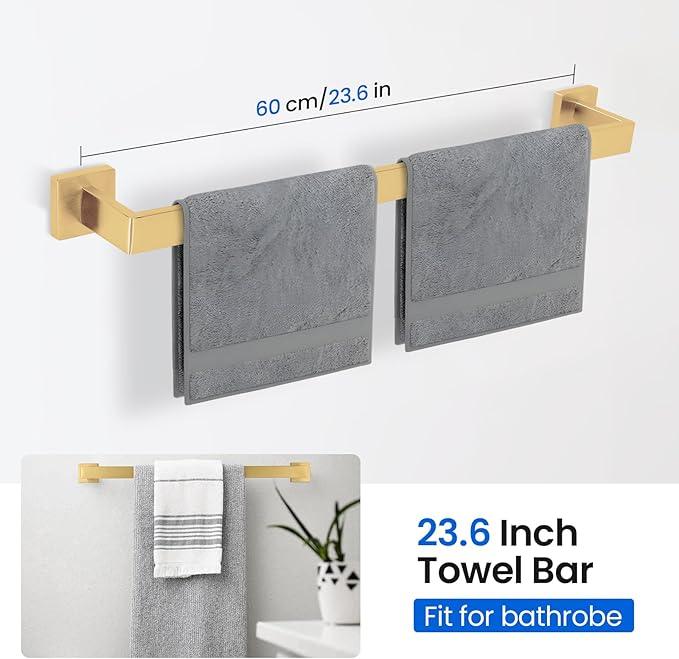 FAHKNS 10 PCS Bathroom Hardware Accessories Set 23.6 Inch Stainless Steel Bath Towel Bar Set Square Towel Ring Set for Bathroom Wall Mounted, Gold - ModernBath