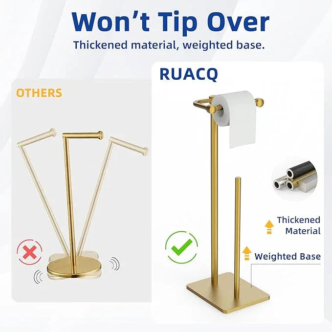 RUACQ Toilet Paper Holder Stand, Bathroom Toilet Paper roll Holder Free Standing with Storage for 4 Rolls, Post Pivoting Design, Stable Weighted Base, SUS304 Stainless Steel (Brushed Gold) - ModernBath