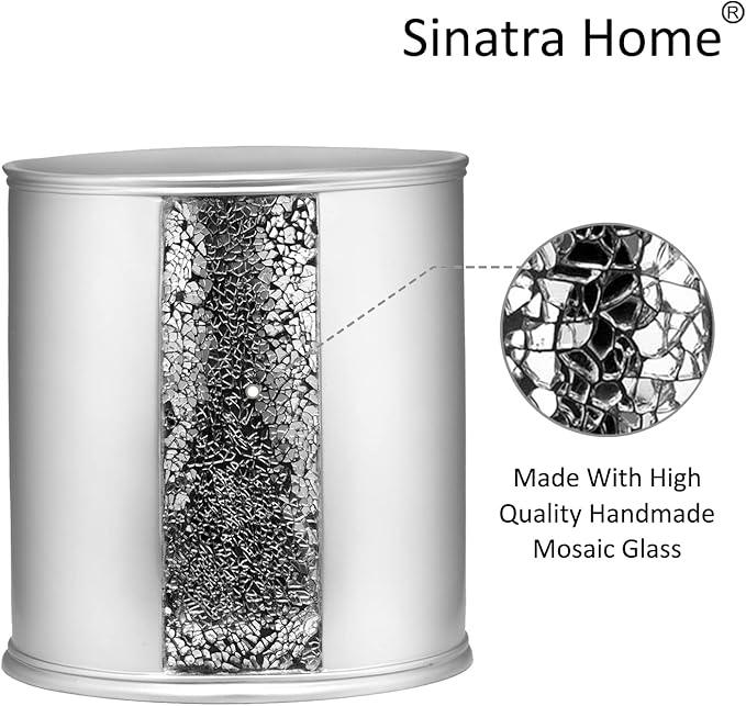 Zahari Home 2pc Sinatra Silver Modern Bath Accessories Set Waste Basket & Tissue Box Modern Classic Contemporary Decorative Beautiful Designs Bathroom Decor Set for Home Mosaic Glass - ModernBath