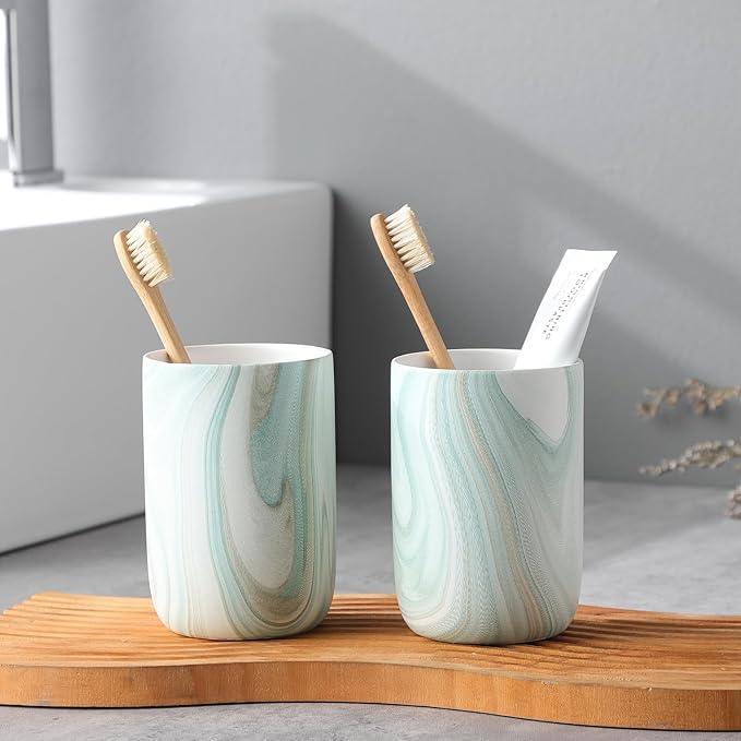 Green Marble Toothbrush Holder - Ceramic Toothbrush Holder for Bathroom, Toothbrush Toothpaste Holder, Marble Bathroom Tumbler Cups Reusable Toothbrush Mouthwash Cup, Bathroom Counter Organizer - ModernBath