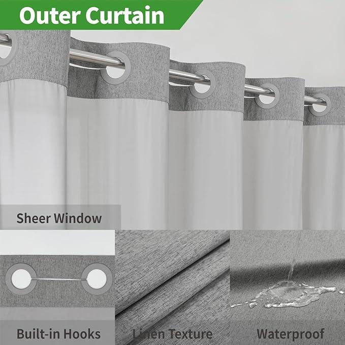 eachope Extra Long No Hooks Needed Linen Textured Shower Curtain with Snap-in Fabric Liner Set,Grey Hotel Luxury Decor Shower Curtains for Bathroom,Waterproof & Washable,71Wx86H - ModernBath