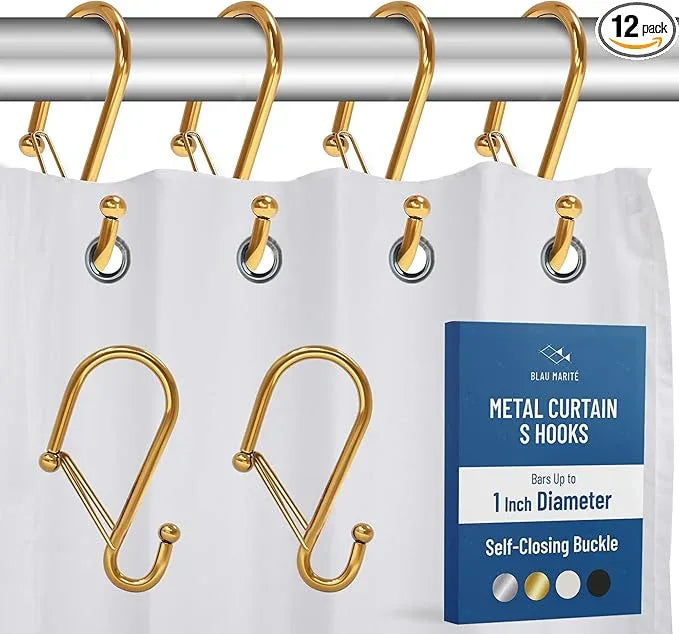 Blau Marité 12 Decorative Metal Shower Curtain Hooks, S-Shaped Hooks with Anti-Fall System, Rust-Proof Shower Rings with Safety Buckle, Fits Rods Up to 1-Inch Diameter (S, Gold) - ModernBath