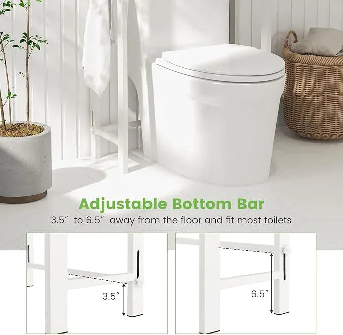 Giantex Over The Toilet Storage Shelf, 3-Tier Freestanding Space Saver Above Toilet Shelves with 3 Hooks & Adjustable Bottom Bar, Over Toilet Bathroom Organizer for Restroom, Laundry (White) - ModernBath